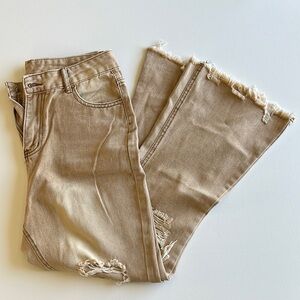 High Rise Tan Flare Jeans Distressed Frayed Hem Boho Festival Size L